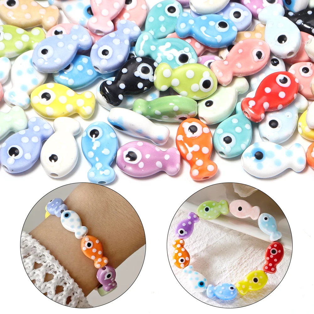 DW10 10 piezas de 10x20mm, separadores de cerámica en forma de pez, cuentas sueltas de porcelana para fabricación de joyas, accesorios DIY para pulseras y collares
