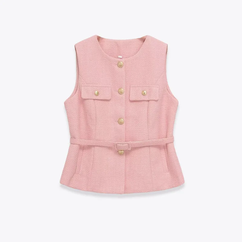 

Women's Svel round Ne Texture Vest Top Thi Autumn Season Faionable Belted Upperwear Cross-Border Polyester Fiber