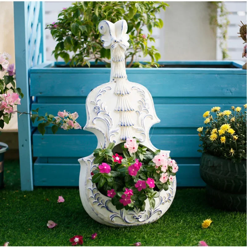 European Style Violin Planter Artistic Flower Pot for Balcony & Garden Unique Patio Bonsai Display Terrace Landscape Decoration