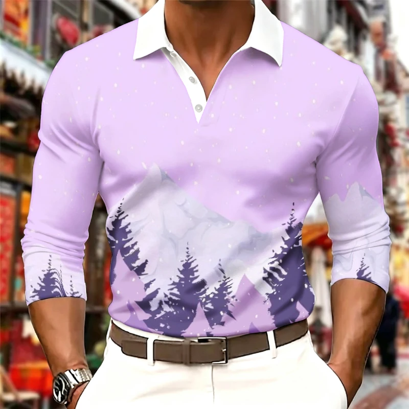 Men Contrast White Collar Long Sleeve Polo Shirt V Neck Button Goldfish Bird Mountain Dragon Print Slim Fit Business Casual Tops