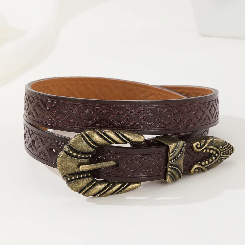 

Retro Embossed PU Leather cowgirl Gold Pin Buckle Women Belt Fashion Jeans Dress Belt for Ladies