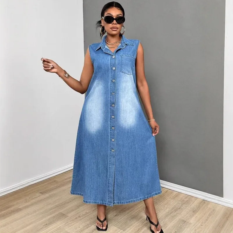Summer New Sleeveless Single-Breasted Denim Dress Casual Lapel Long Dress French Retro Style Women's Fashion