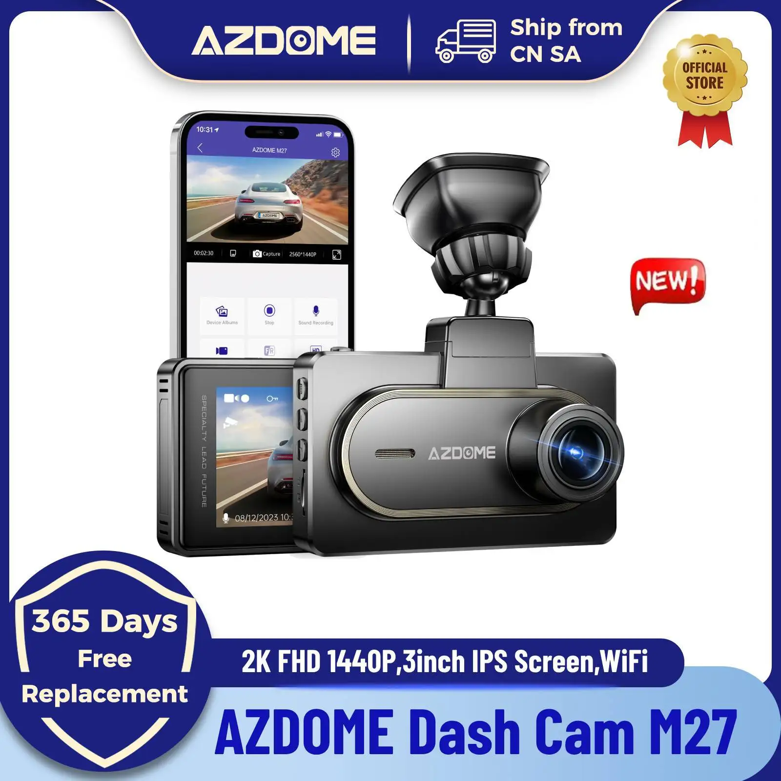 AZDOME Dash Cam M27 2K FHD 1440P 3inch IPS Screen Car DVR Dash Camera Recorder WiFi Night Vision 24H Parking Monitor G-Sensor 