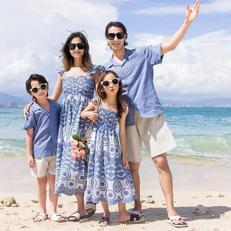 

Family Holiday Clothes Mom Daughter Embroidery Vacation Dress Dad Son Shirts Outfits Women Baby Girls Smock High Quality Dresses