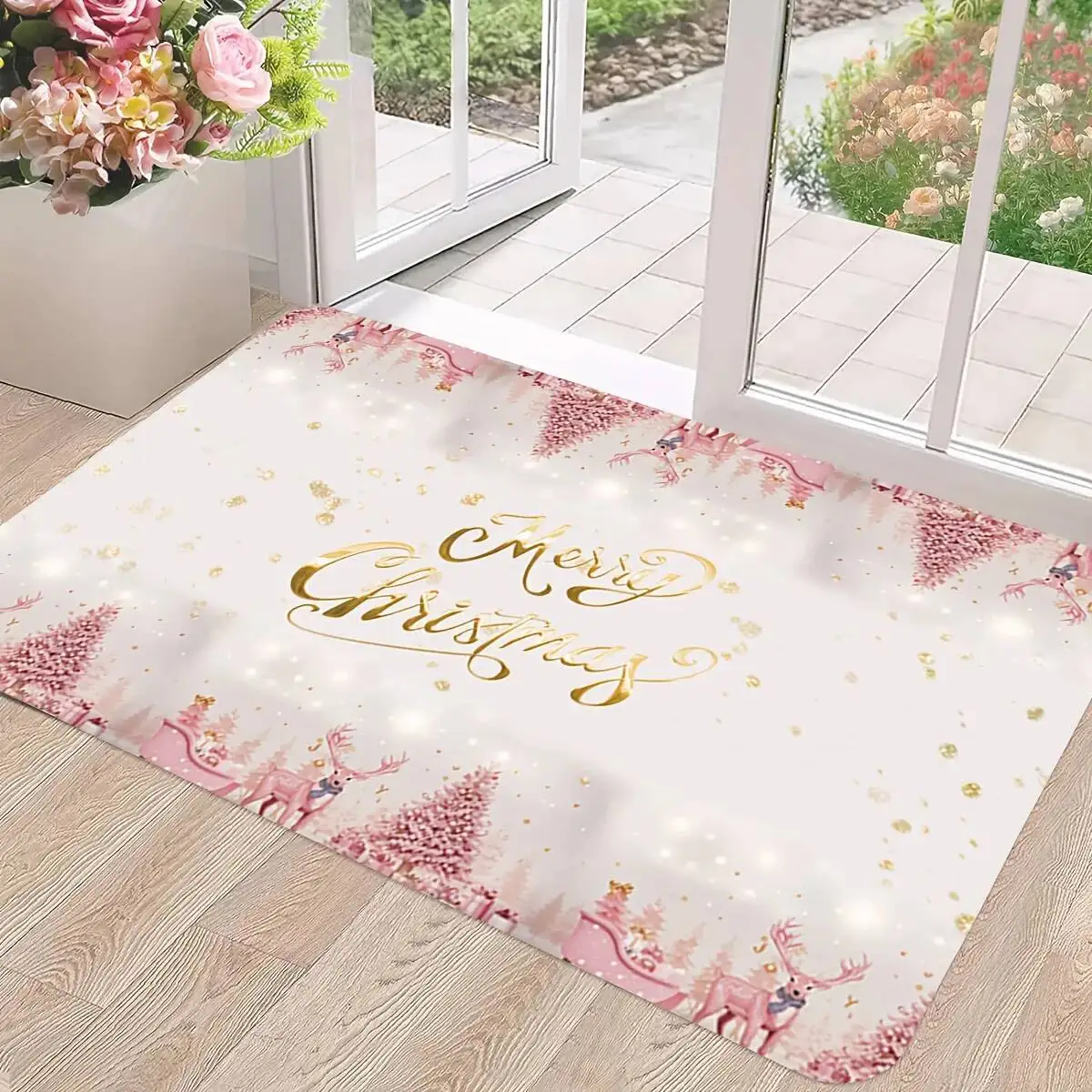 

Pink Minimalist Christmas-Themed Rug Bedroom, Living Room, Hallway Entrance Soft Comfortable Floor Mat Home Decor