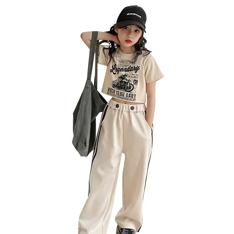 summer teenage girls clothes set cotton short T-shirt+Casual wide leg pants 2pcs 4-14 kid tracksuits child outfit ensemble fille