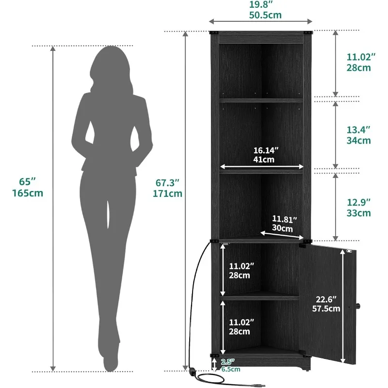 Armário de armazenamento de canto com luz LED, armário de canto alto de fazenda com design de porta de celeiro e prateleira ajustável, economia de espaço para casa