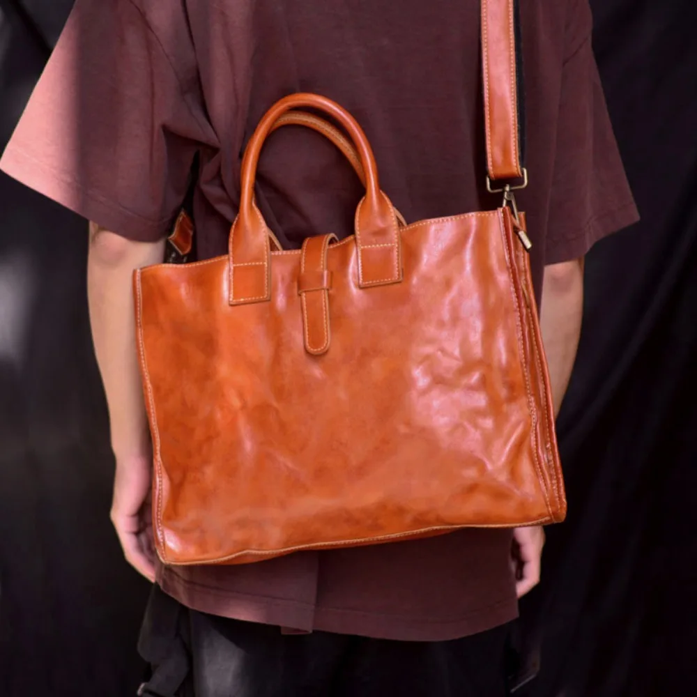 

New Niche Hand-scratched Men's Large-capacity Briefcase Leather Personalized Plant-mixed Cowhide Portable Commuter Computer Bag