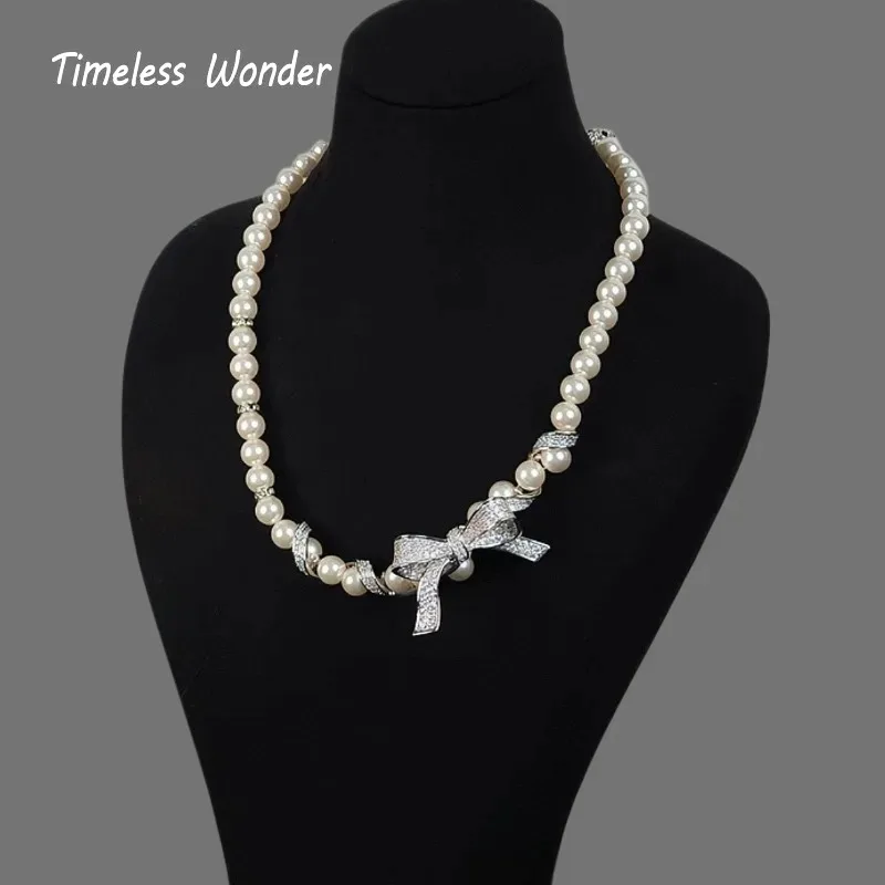 Timeless Wonder Fancy Zircon Geo Bowknot Pave Necklace Stud Earrings Women Designer Jewelry Set Sweet Top Rare Classy 4612