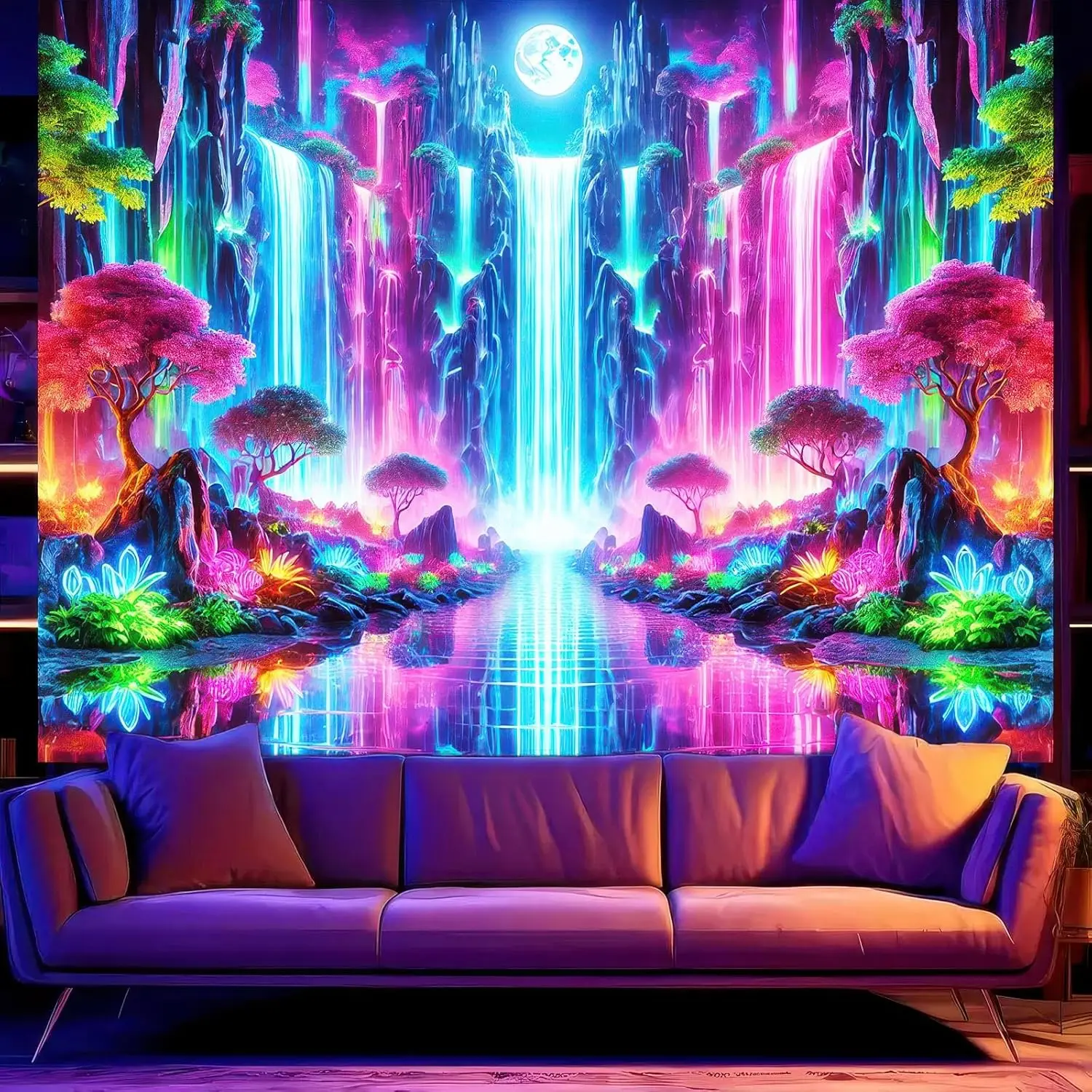 Large Boho Abstract Waterfall Tapestry Wall Hanging Neon Fantasy Forest Polyester Fabric Home Decor Art