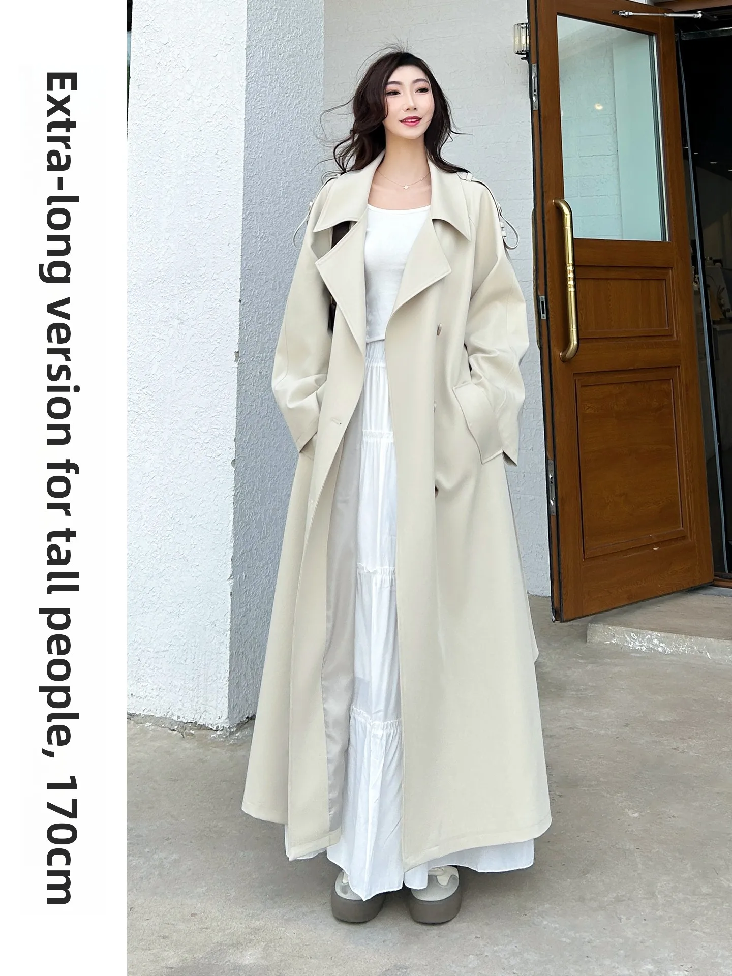 

Белое пальто расширенной длины для более высоких женщин, повседневная верхняя одежда в Корейском стиле, свободная посадка из смеси полиэстера и хлопка