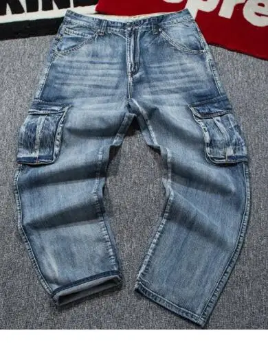 American Retro Workwear Denim Pants Men's Spring Autumn Casual Loose Versatile Washed out Long Trousers Multiple Pockets