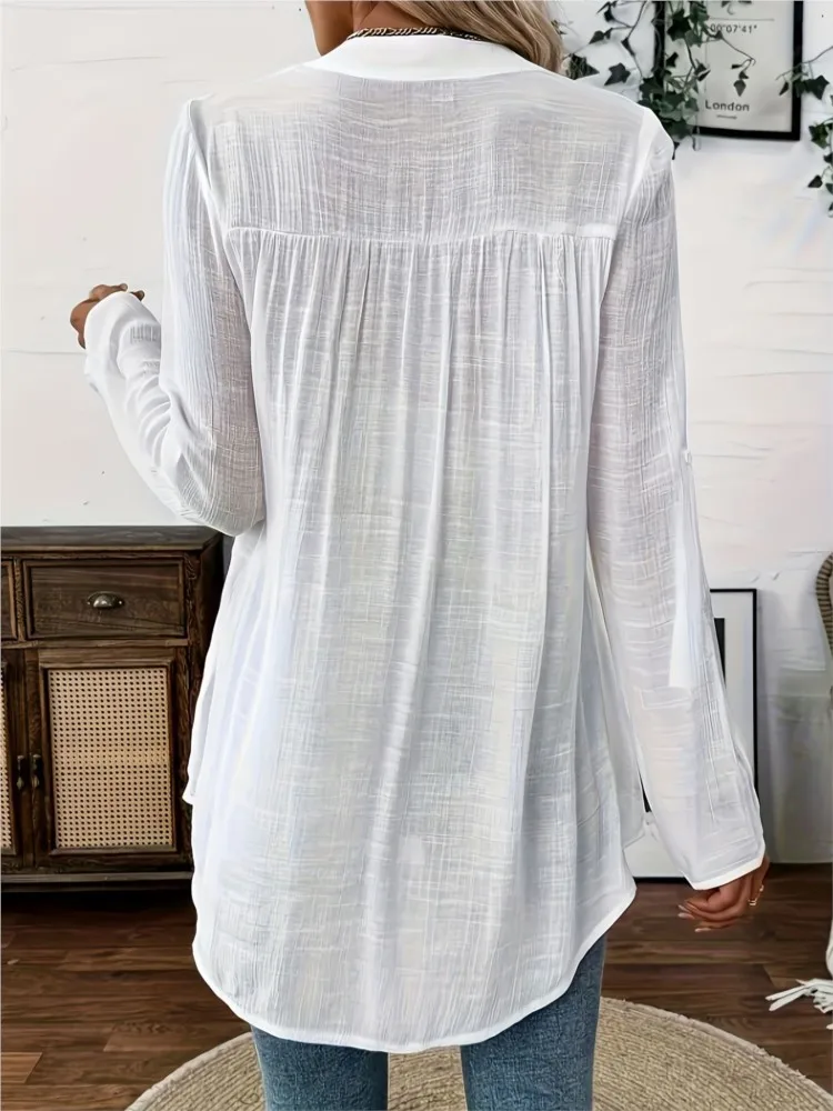 여성용 패션 화이트 레이스 셔츠 탑 캐주얼 V넥 긴팔 풀오버 셔츠 탑 레이디 봄 가을 휴가 여성 의류