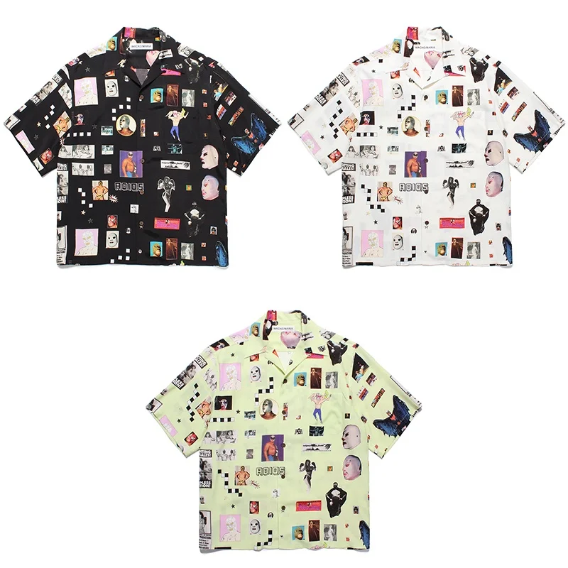 WACKO MARIA 25SS Mens Womens Trendy Summer New Full Print Film Wrestling Portrait Casual Graffiti Hawaii Short Sleeve Shirt