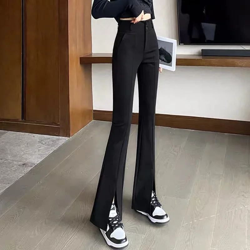 Women New High Waist Chiffon Micro Flared Pants Fashion Split Zipper Button Pocket Slim Look Thinner Versatile Suit Pants Z682