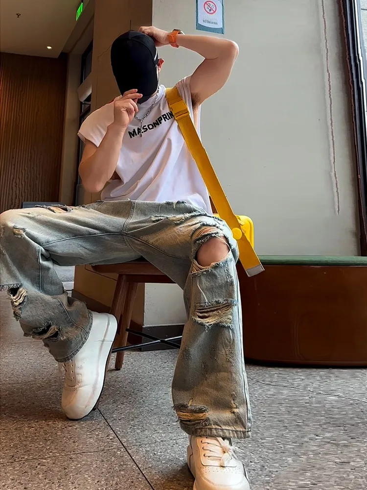 

Мужские синие рваные джинсы-скинни, летние тонкие брюки для стройного силуэта, в американском стиле, с эффектом расклешенных штанин, с высокой талией, прямые штанины