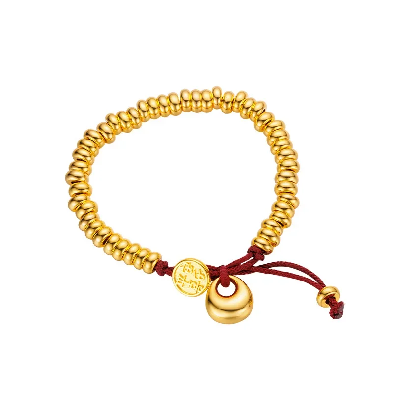 Luxury Men and Women 9999 24K Real Gold New Chinese Smooth Gold Lump Peace Joy Money Wrapped Red Rope Bracelet Simple China-Chic