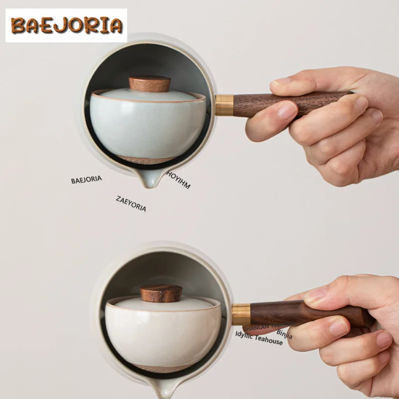 BAEJORIA Ru Kiln Leisurely Portable Travel Tea Set Kit 360 Rotation Tea Maker Automatic 1 Pot 3 Cups Camping Picnic Tote Bag