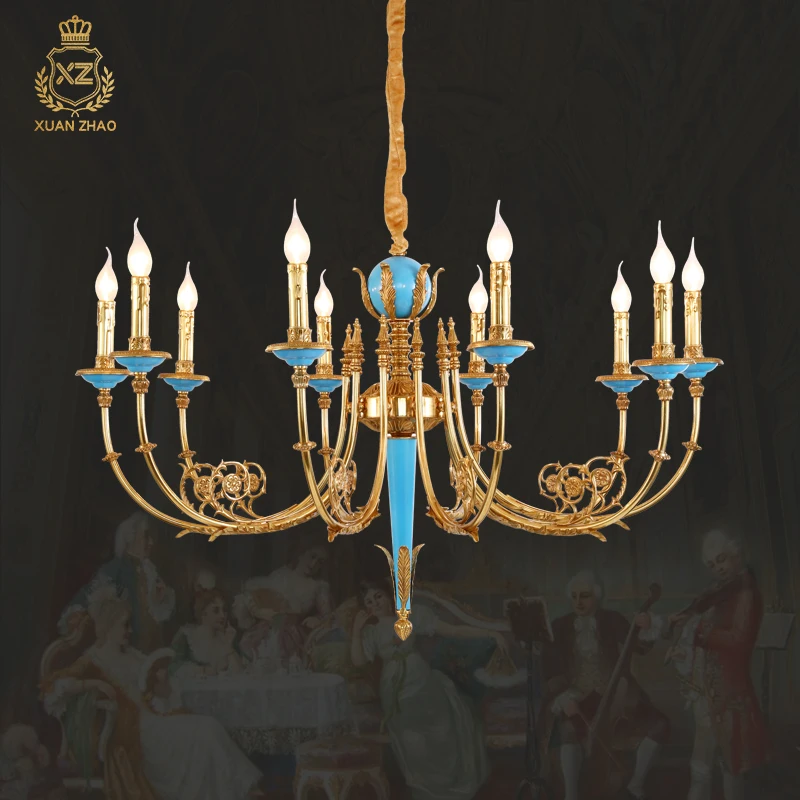 French Classic Living Room Brass Blue Candle Holder Chandelier  European Pendant Lamp Bedroom For Dining Table