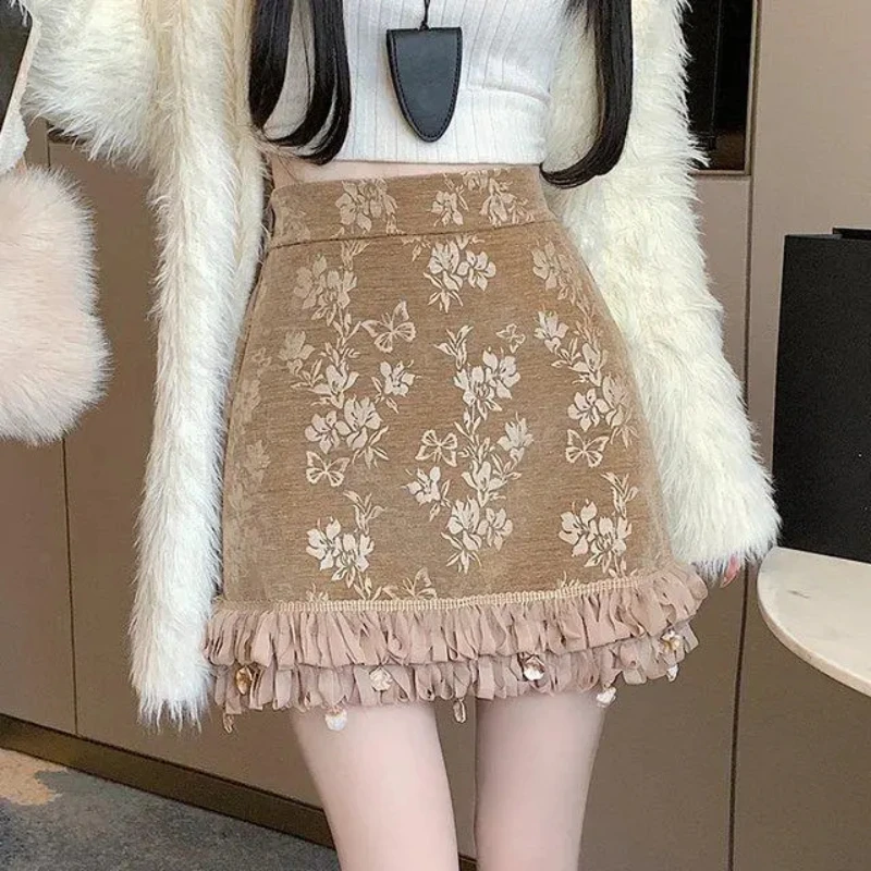 

Embroidery Jacquard Mini Skirt 2025 Spring Summer High Waist A-line Ruffled Mini Skirts Vintage All Match Streetwear