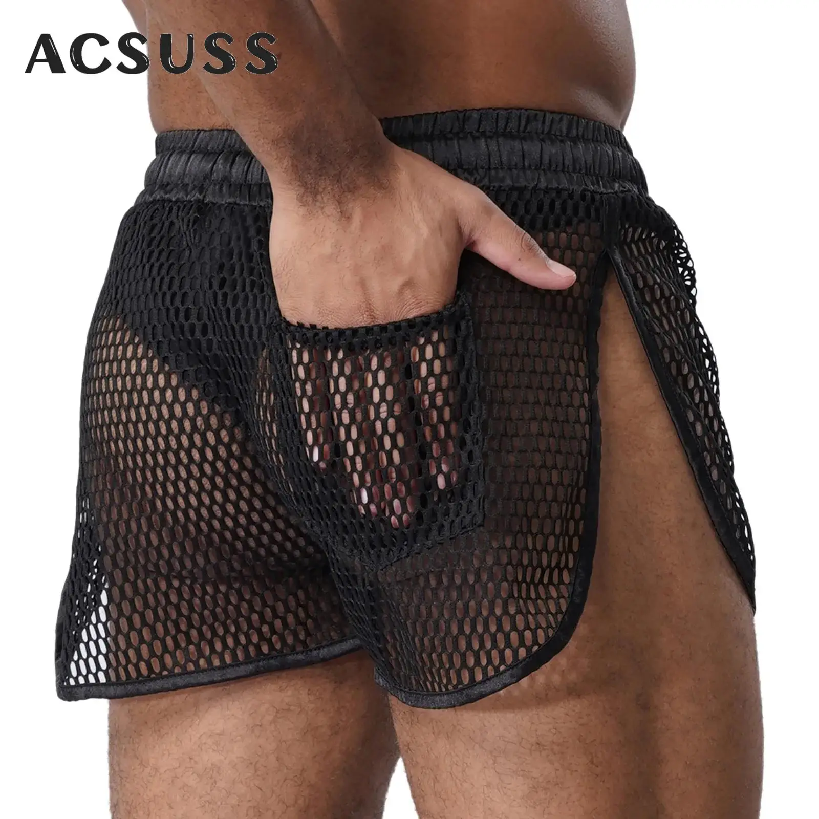 

Men Hollow Out Mesh Boxer Shorts Elastic Waistband Sides Split See Through Loose Bottoms Gym Fitness Sportswear Swim Beachwear