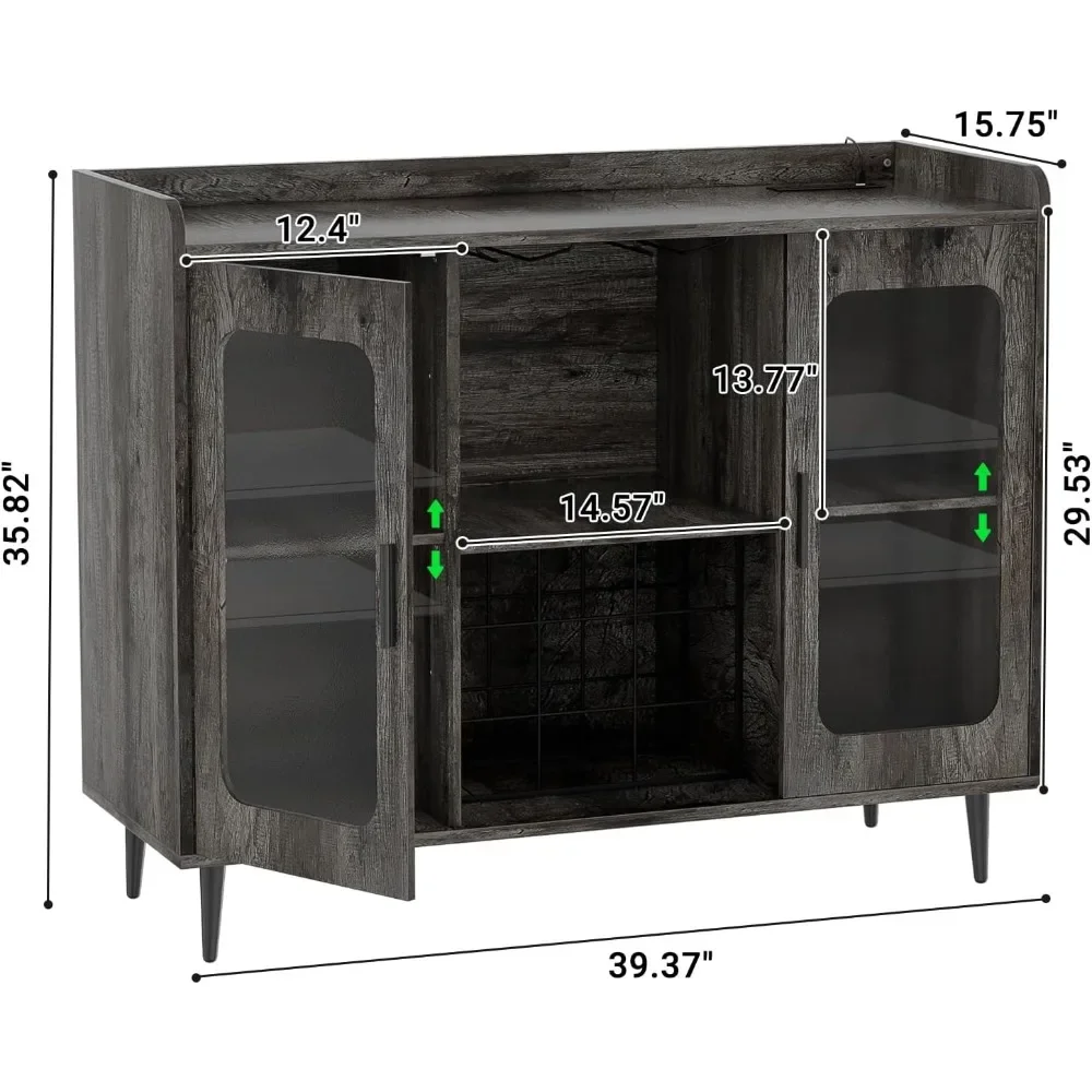 Barra de armário de bebidas com tomada de energia e luz LED, armário de bar de vinho com rack de vinho e copos para cozinha, sala de jantar, carvalho preto