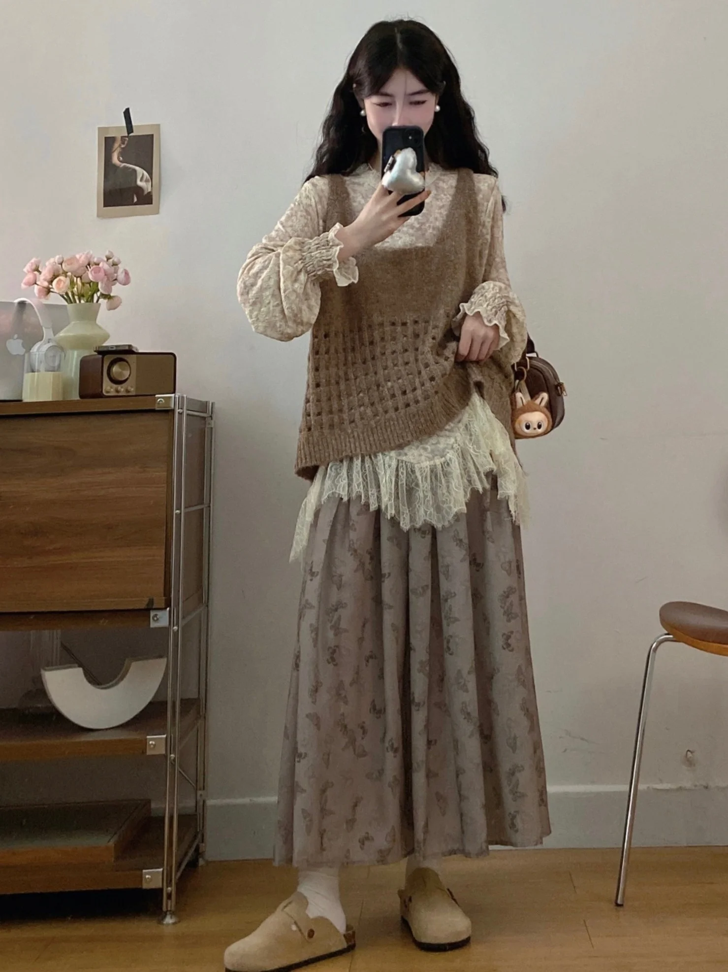 

plus Size Vintage Korean Style Women's Knitted Lace Vest And Skirt Set Slimming Three Piece Suit for Autumn Fashion