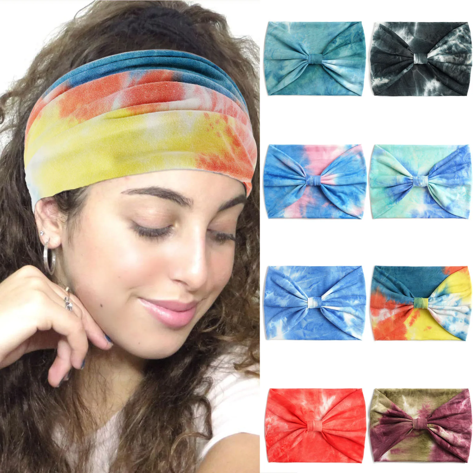 

Wide Headbands Vintage Knot Elastic Turban Women Tie Dye Rainbow Color Hairbsports Elastic Sweat Absorbing Headbheadwrap