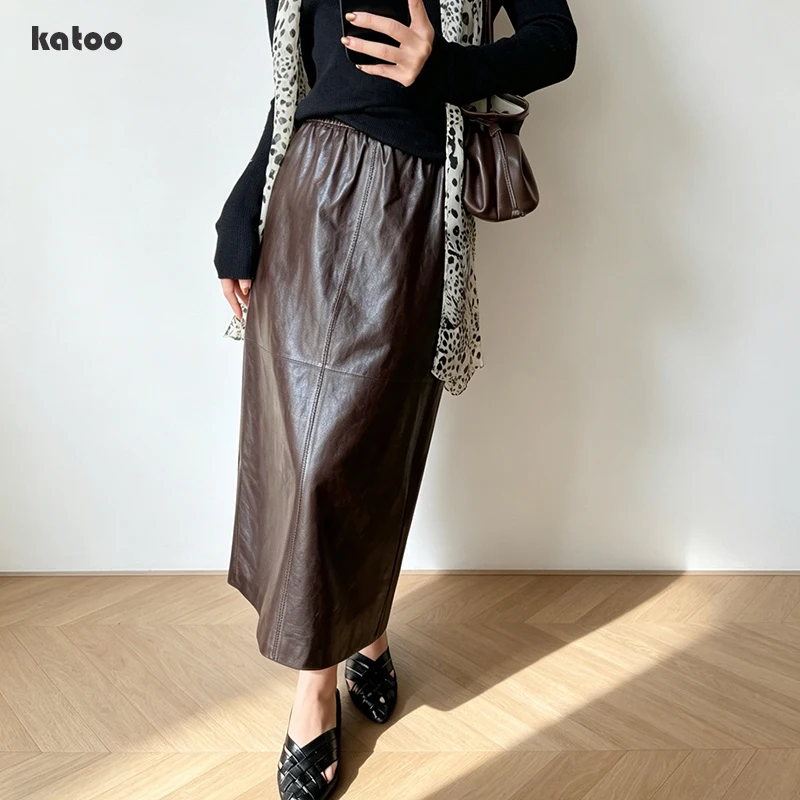 Imported Waxed Sheepskin Midi Skirt Women Plus Size Elastic High Waist A-line Straight Genuine Leather Skirts Jupe Longue Femme