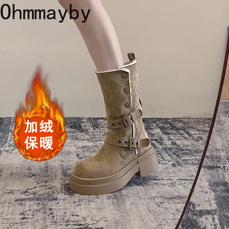 2025 outono inverno feminino quente de pelúcia botas modernas moda fivela de cinto sapatos de salto grosso causal mulher algodão meados de bezerro botas