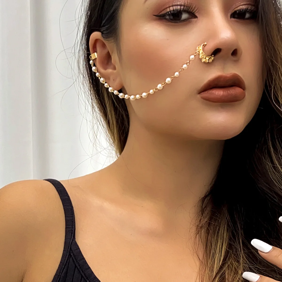 Faux Pearl Butterfly Tassel Chain Earring and Nose Clip Sweet Punk Piercing Jewelry for Women Daily