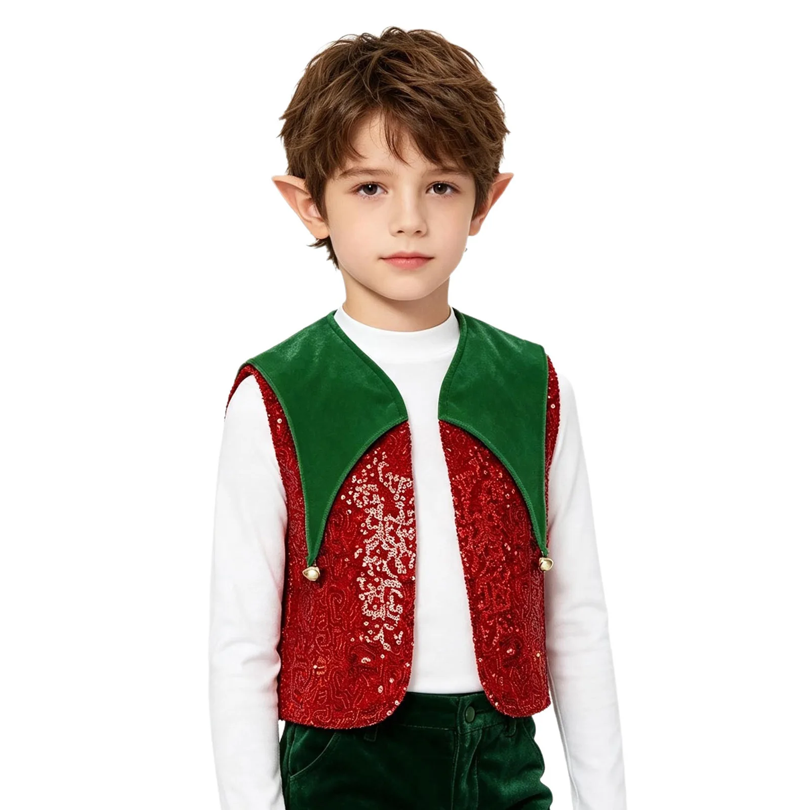 Children Christmas Santa Elf Costume Velvet Panel Bell Sequins Vest Open Front Jazz Dance Choir Waistcoat for Xmas Cosplay Party