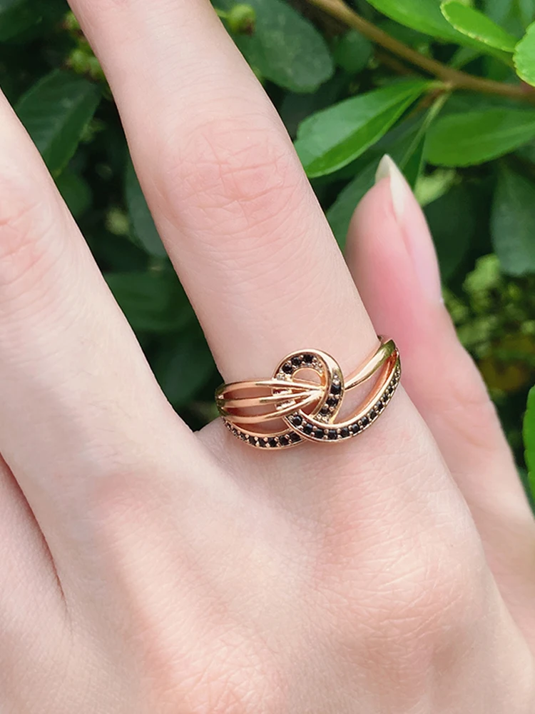 Kinel New 585 Rose Gold With Black Natural Zircon Ring Geometric Line Cross Wedding Rings for Women Fashion Vintage Jewelry