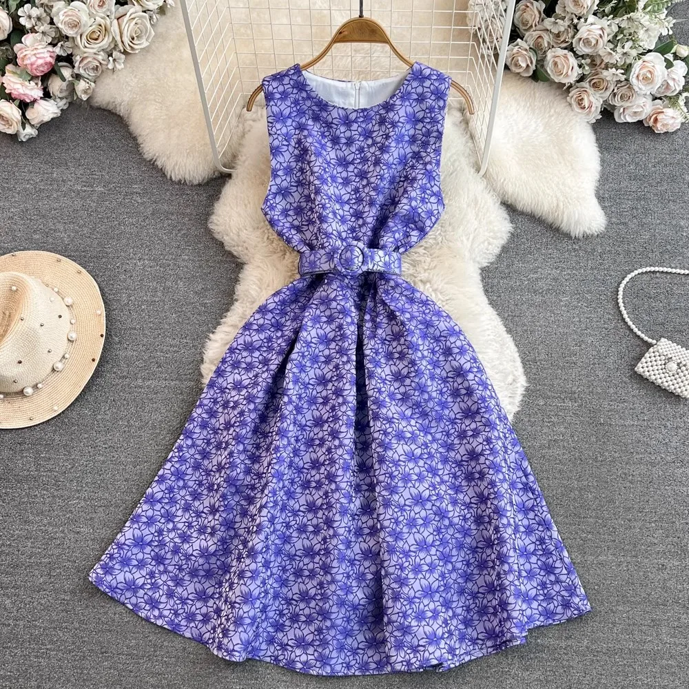 High Quality Elegant Women's Summer O Neck Belt Sleeveless Vintage Print Office A Line Big Swing Casual Party Dresses