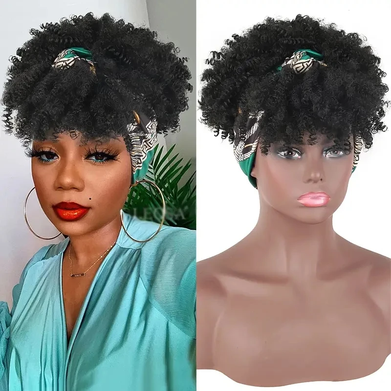 Afro Kinky Curly Headband Wig Short Curly Wig with Headband for Women Natural Synthetic Puff Curly Headband Wig with Bangs