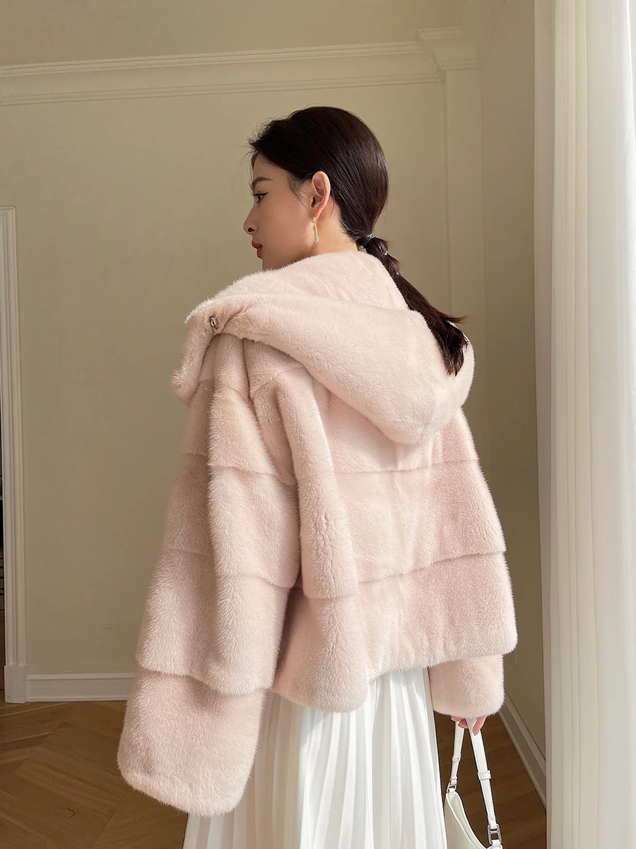 HDHOHR 2024 New Real Mink Fur Coat Women  Fashion High Grade Mink Coat Multiple Colour Real Mink fur Jackets Female With Big Hat