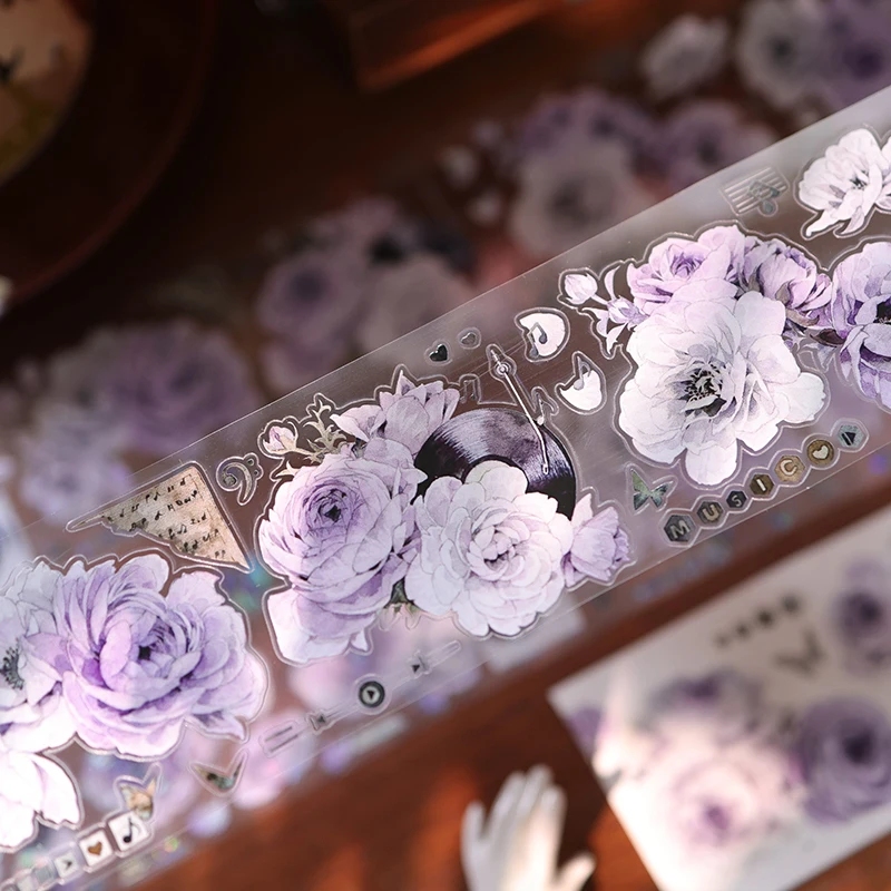 fita-pet-criativa-de-60mm-5m-com-estampa-de-disco-de-musica-e-flores-roxas-vintage-para-diario-colagem-e-scrapbooking