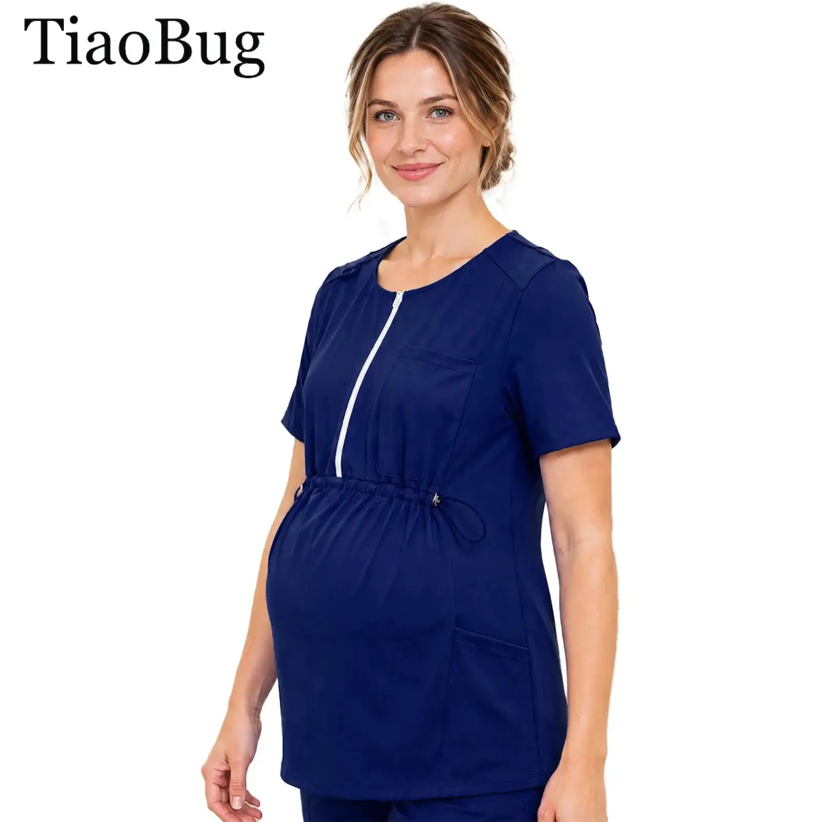 Women Medical Uniform Pregnant Scrub Tops Short Sleeve Half Zipper Drawstring Maternity T-shirt with Pockets Hospital Work Wear