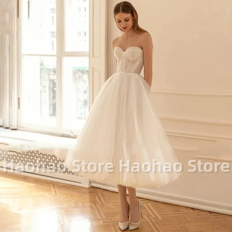 Simple fashion strapless sleeveless A-line Wedding dress Sexy backless strapless short elegant tulle Princess Bride Dress 2024