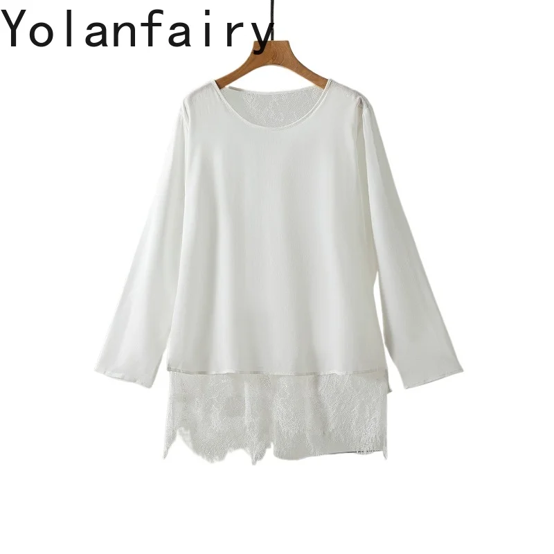 

YOLANFAIRY 100% натуральная шелковая блузка из тутового шелкопряда для женщин, лето 2026, элегантная рубашка с длинным рукавом, женский топ с кружевными вставками, модная рубашка