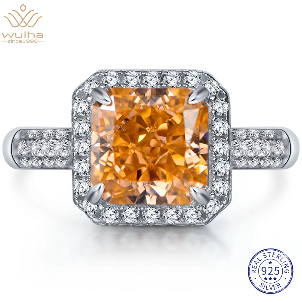 WUIHA Real 925 Sterling Silver Crushed Ice Cut 7*7MM Fancy Vivid Orange Sapphire Created Moissanite Diamond Ring for Women Gifts