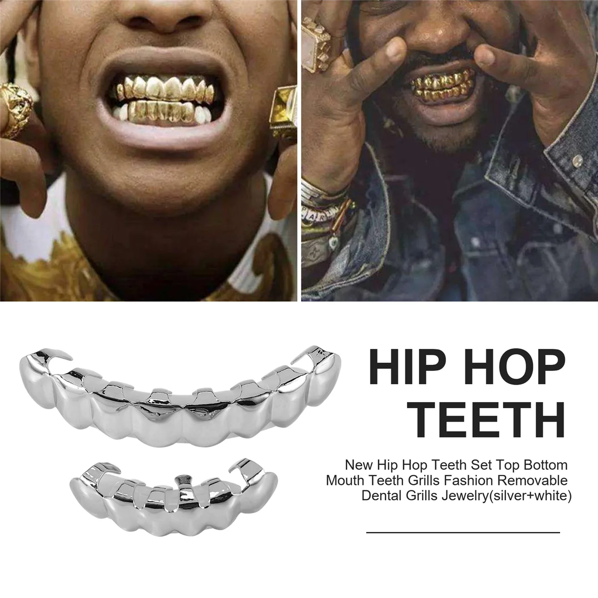 جديد الهيب هوب الأسنان مجموعة أعلى أسفل الفم الأسنان الشوايات الأزياء القابلة للإزالة شوايات الأسنان مجوهرات (فضي + أبيض)