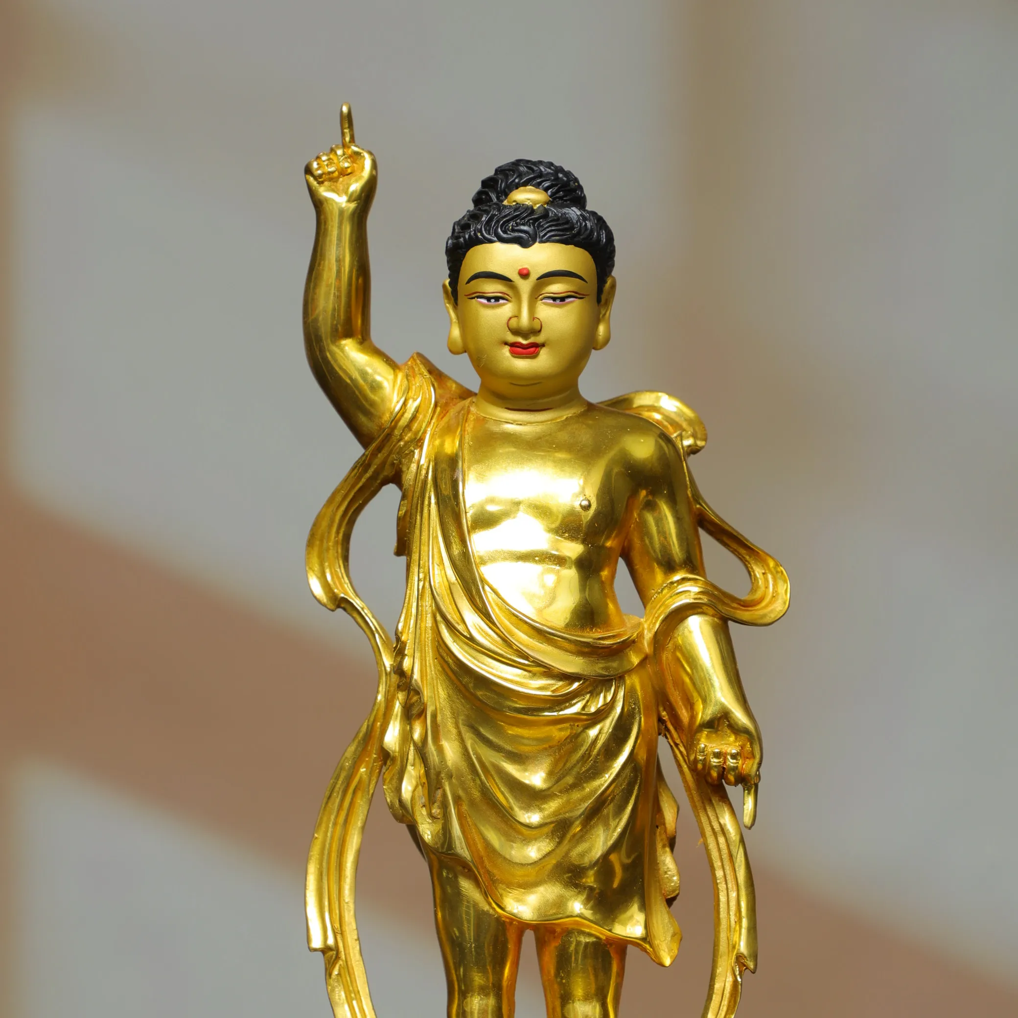 Old Bronze High Relief Gilded Painted Face Prince Buddha Shakyamuni Baby standing Buddha Lotus Terrace Amitabha Worship Hall