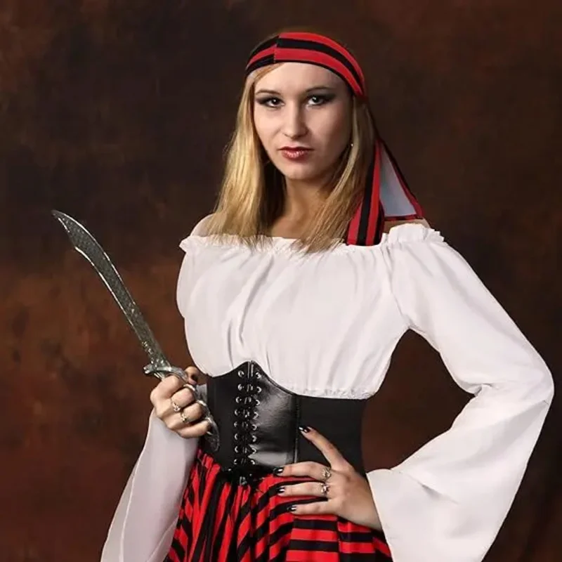 4 Pcs Women Pirate Cosplay costume Renaissance Blouse Tops Corset Wait Bell Pirate Skirt stripes Head scarf Accessories Outfit