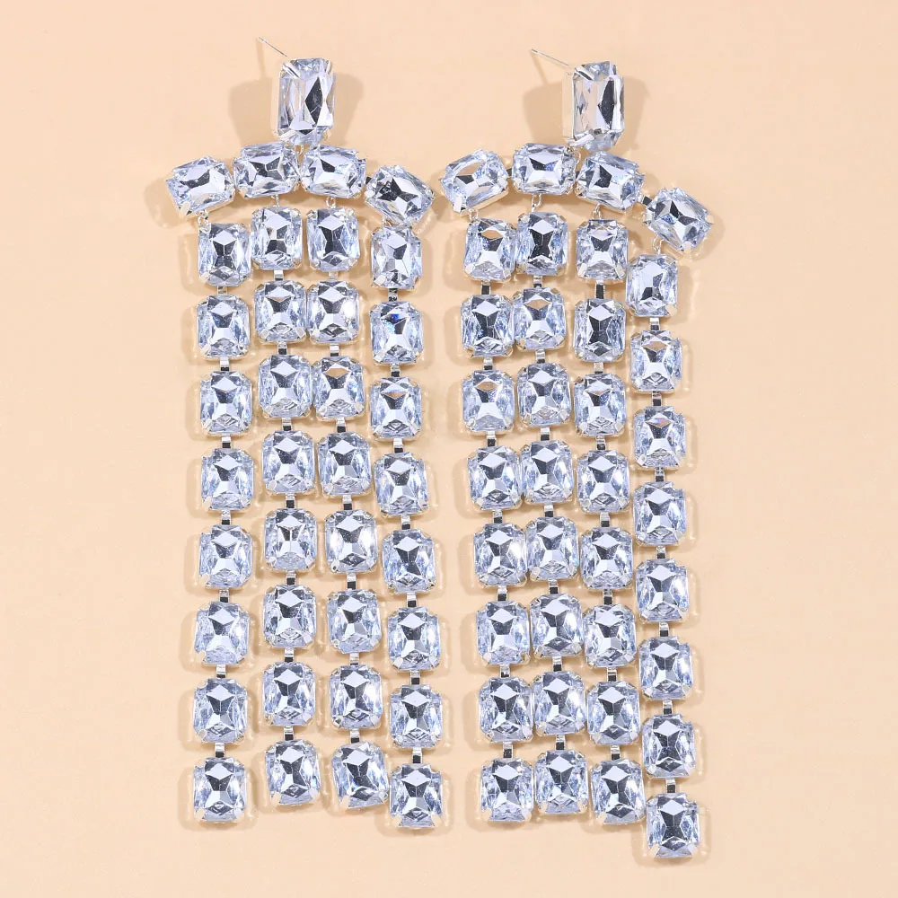 Fashion Square Rhinestone Exaggerated Earrings Wedding Accessories 2023 Tassel Crystal Hanging Dangle Earrings Oversize Jewelry image 2