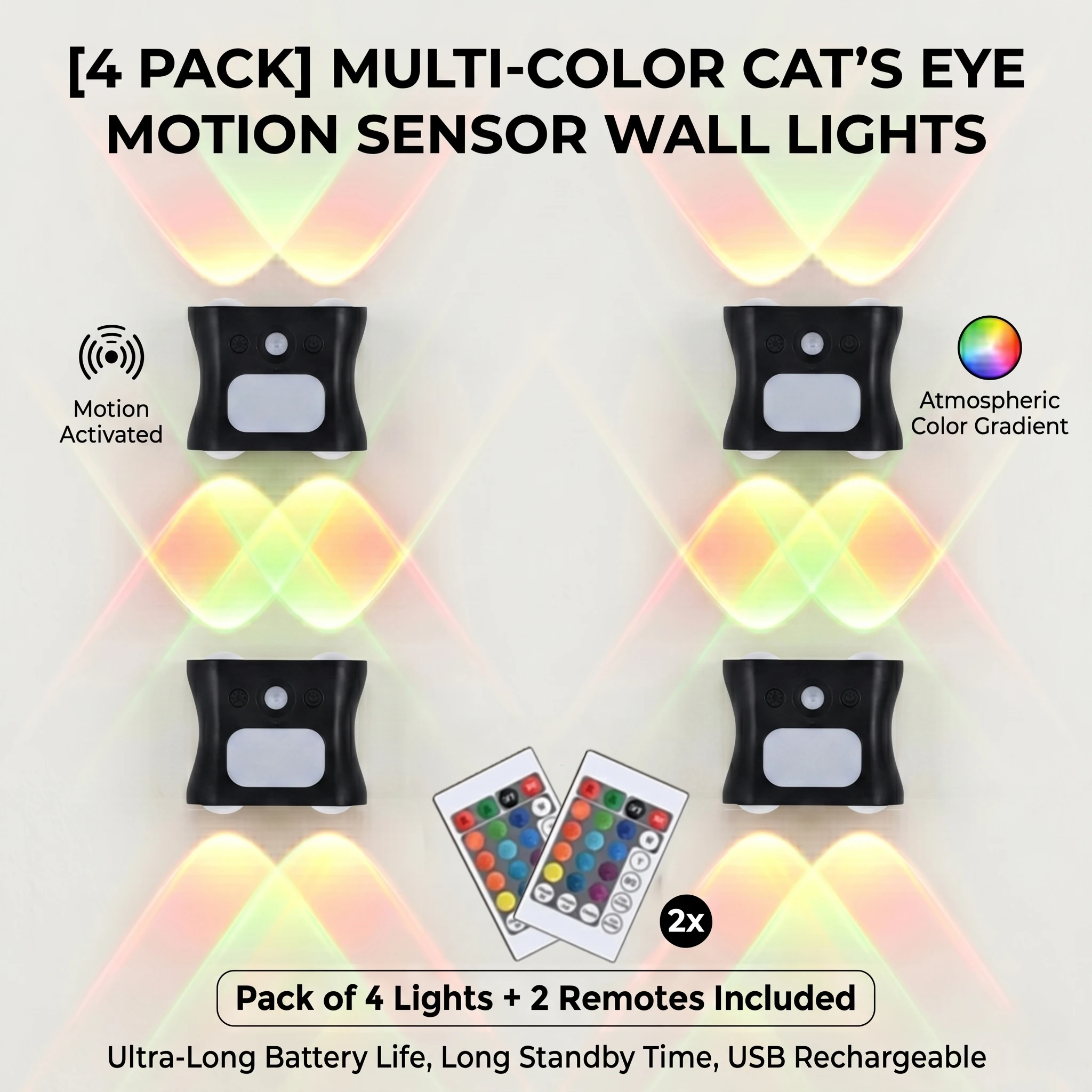 RGB Cat Eye Wall Light Motion Sensor, 16 Color Double Cone Shadow Cordless Sconce with Remote for Bedroom Stairs Gaming Decor