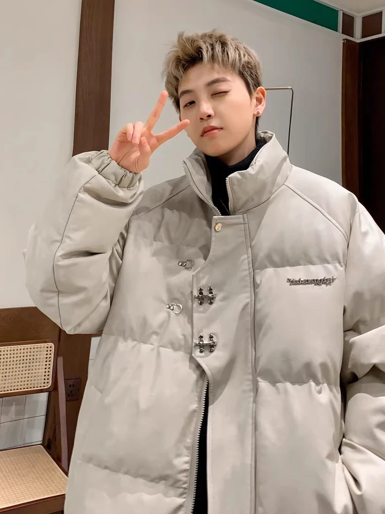 معطف رجالي من Thiened Warmth مصنوع من جلد البولي يوريثان الأمريكي القديم من القطن Jaet Winter High Street Vibe Metal Bule أسفل معطف بياقة واقفة #5