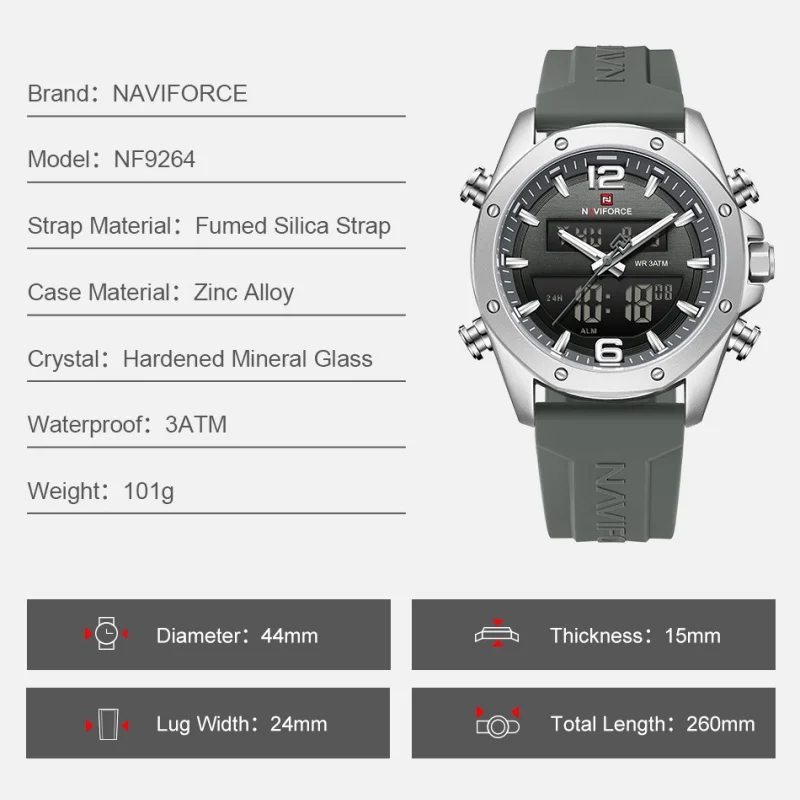 ساعة NAVIFORCE للرجال كوارتز LCD بشاشة عرض مزدوجة مع حزام سيليكون 3ATM مقاومة للماء ومضادة للصدمات وإضاءة ليلية كاجوال رياضية