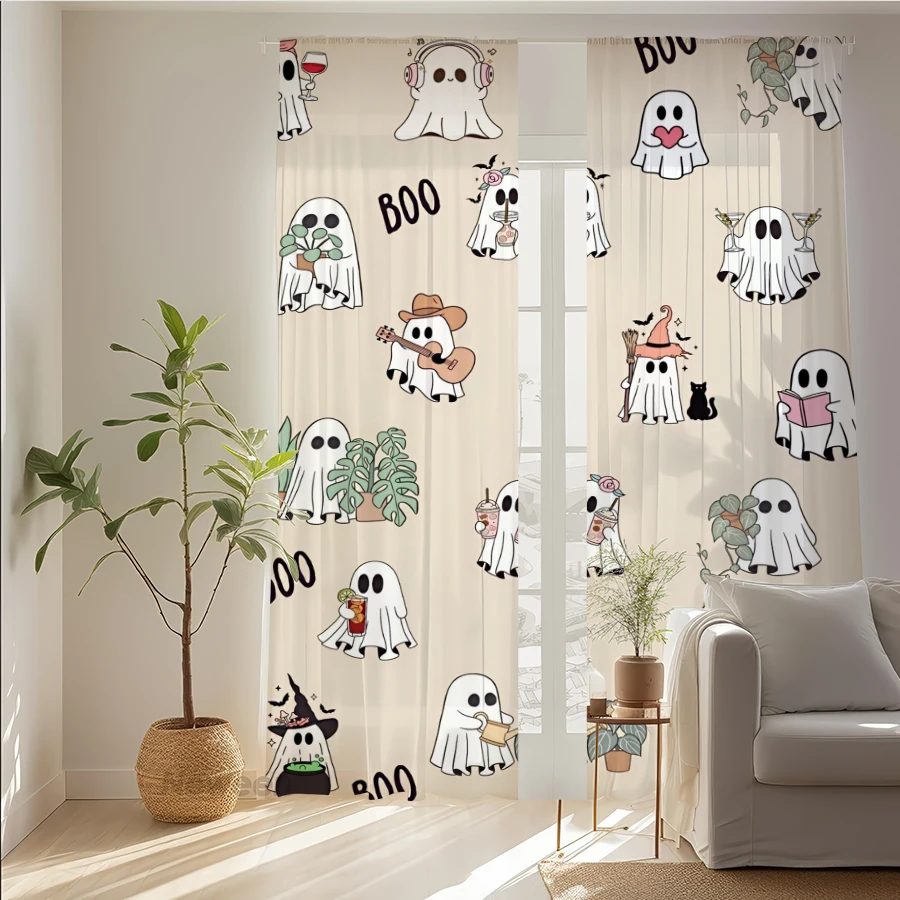 2PCS Digital Print Sheer Curtain, Cute Ghost Boo Various Activities Halloween Window Drapes for Living Room Bedroom Home Decor