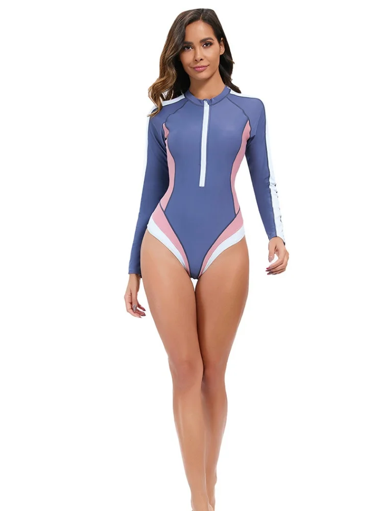 Women Color Block One Piece Swimsuit Long Sleeve Zip Front Rash Guard Quick Dry Surf Swimwear Athletic Sport Bathing Suit